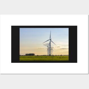 Windmill farm on green meadow Posters and Art